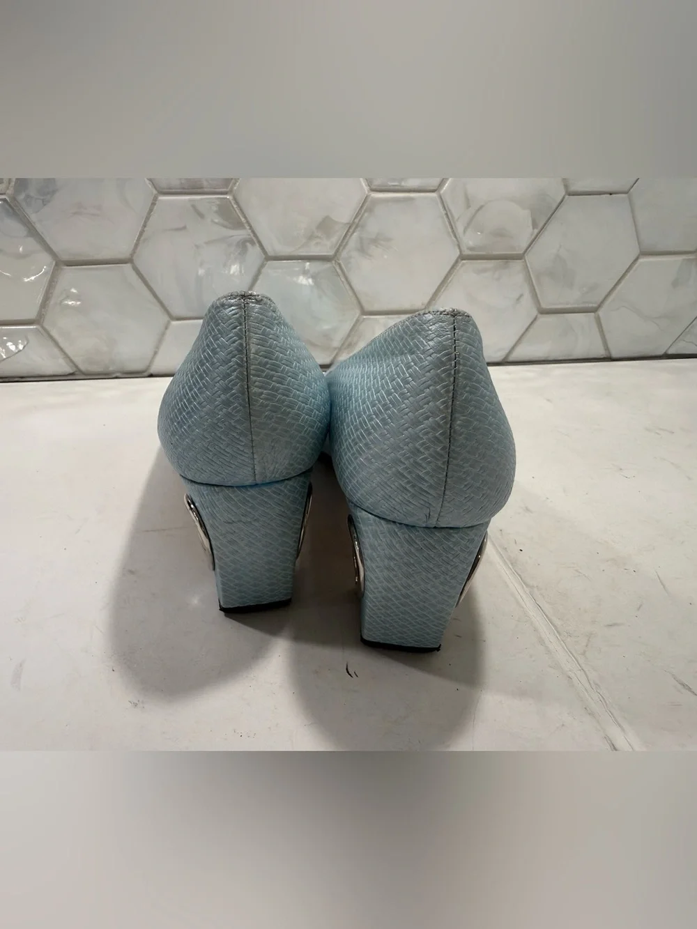 Timothy Hitsman VTG Textured Light Blue Pump Shoe Metal Heart Block Heel 5.5-6?